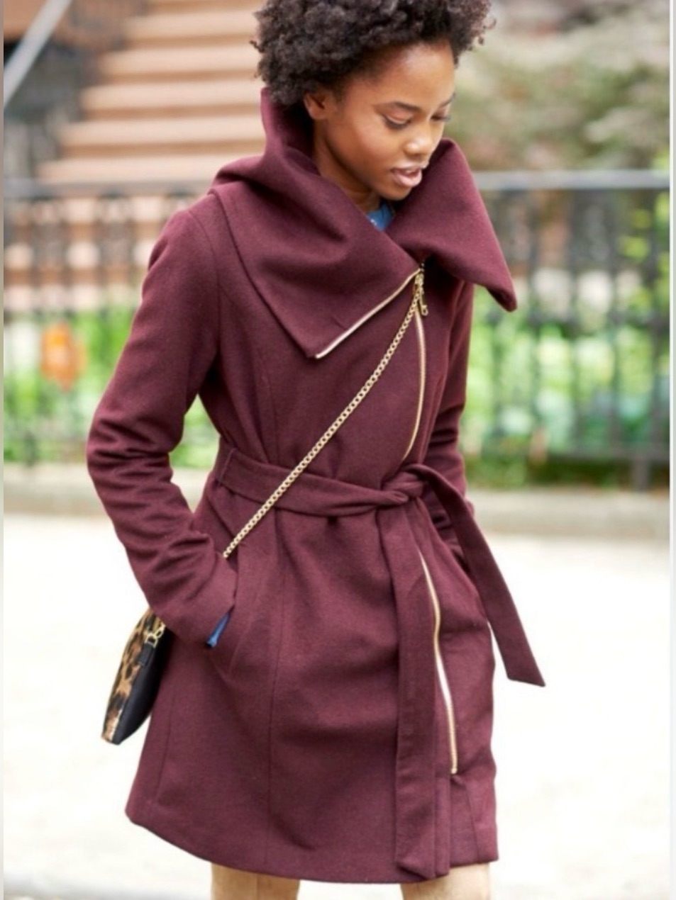 Cole Haan Signature Dark Burgundy Asymmetric Zip Belted Wool-Blend Coat